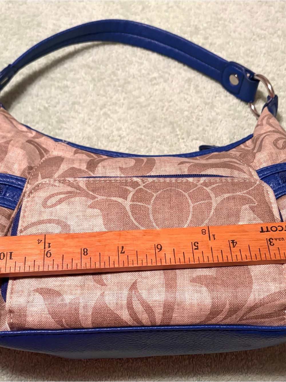 Koltov Beige Floral Shoulder Bag Blue Trim Multi Pocket Hobo - Picture 8 of 10